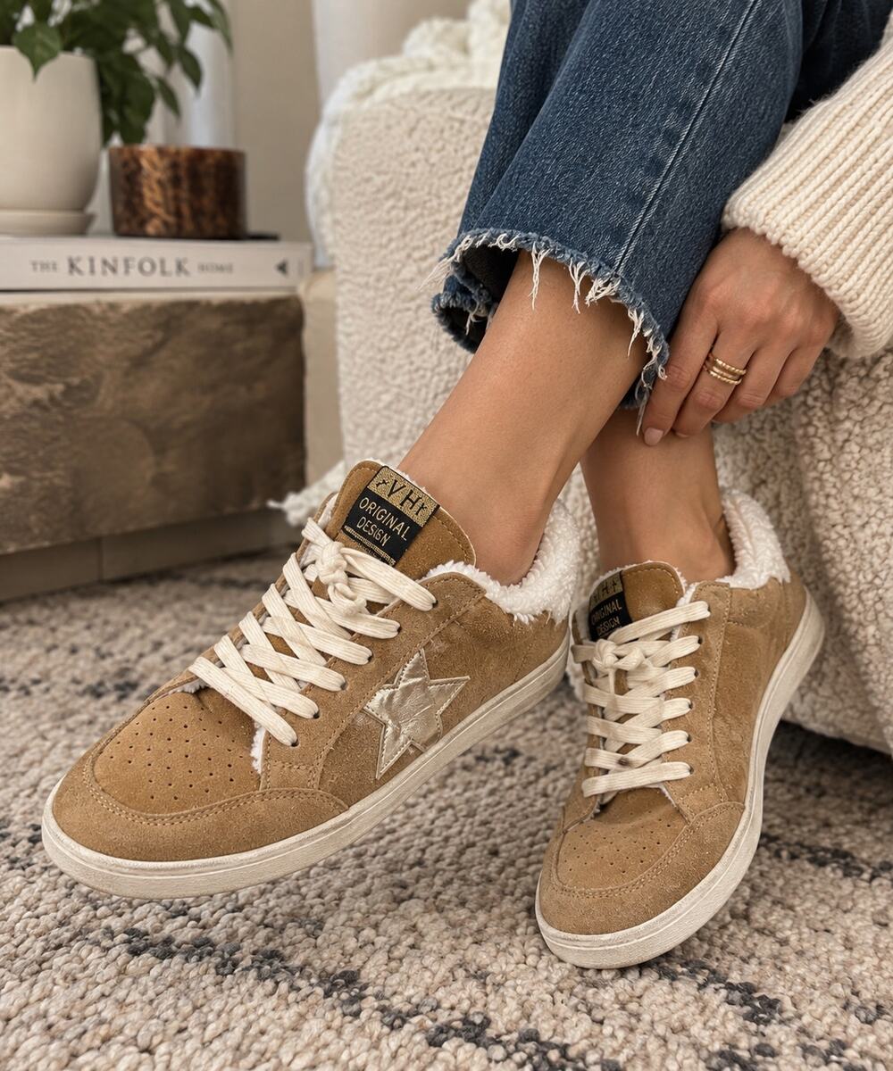 Vintage Havana Belen Tan Suede Sherpa Sneakers Metallic Star Women’s 9